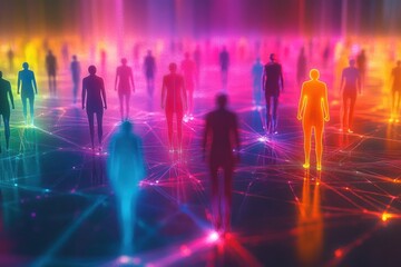 Silhouettes of people standing on interconnected glowing points with vibrant multicolored light beams creating a networked digital atmosphere