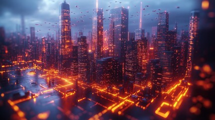 Fototapeta premium Futuristic city glows with vibrant lights under a stormy sky. Urban landscape in digital art