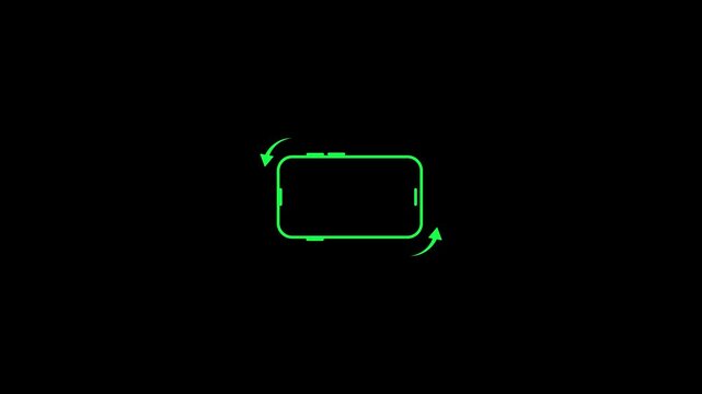 neon outline of a smartphone with directional arrows indicates screen rotation, used as a visual cue to switch from portrait to landscape orientation.