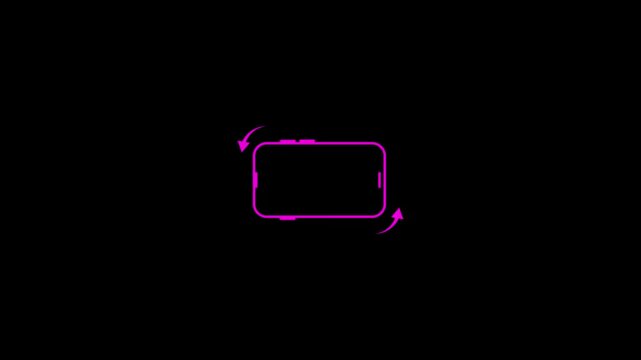 neon outline of a smartphone with directional arrows indicates screen rotation, used as a visual cue to switch from portrait to landscape orientation.