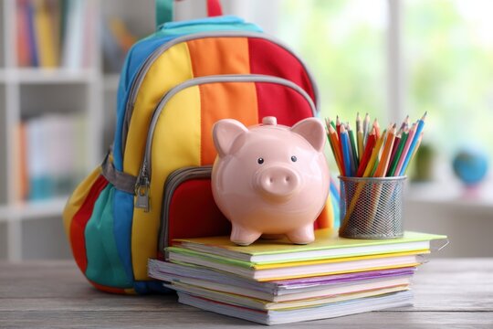 Back to school savings concept featuring piggy bank on books with backpack and pencils in bright classroom
