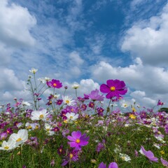 Fototapeta premium Field of Cosmos Flowers Blooming Under a Cloudy Blue Sky Low Angle View in Summer Garden