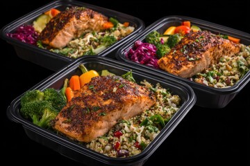 Fototapeta premium Three salmon meal prep containers with quinoa and vegetables on a black background studio shot