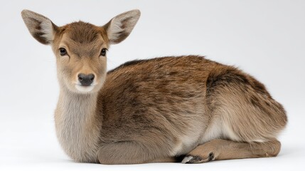 Fototapeta premium A European red deer calf with soft fur, sitting gracefully, centered on a clean white backdrop, detailed fur texture, neutral lighting, high-resolution image