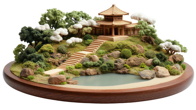 Miniature zen garden with pagoda, moss, trees, and a pond creates a peaceful oriental landscape display.