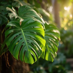 Obraz premium Close up of Monstera Deliciosa leaves in a lush garden setting with natural sunlight creating a serene and vibrant tropical scene