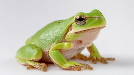 Obraz premium A European tree frog with bright green skin, sitting upright in the center of a white background, soft skin texture, studio-lit, high-detail, photorealistic