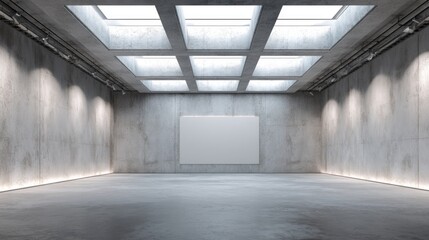 Modern concrete gallery interior, showcasing blank canvas