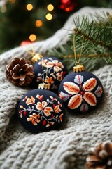 Fototapeta premium Festive embroidered Christmas ornaments