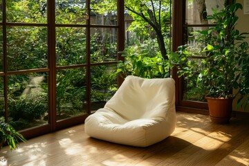 Cream bean bag chair in sunlit room