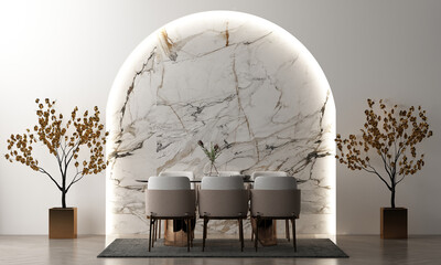 Modern living and dining room and table and chairs mockup decoration and white marble pattrn wall texture background interior design. 3d rendeing