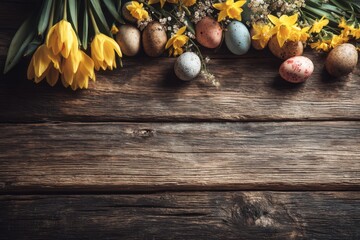 Easter eggs with yellow tulips and daffodils on rustic wooden table top view holiday spring decoration