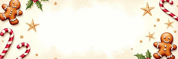 Obraz premium Festive Christmas Banner featuring gingerbread men, candy canes, stars, and holly branches