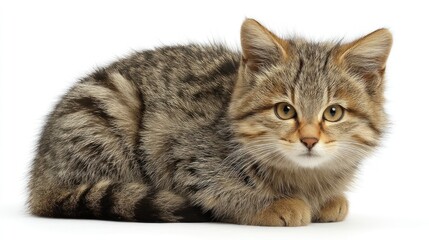 A European wildcat kitten with striped fur, sitting in the center, white background, high-resolution, detailed fur patterns, studio lighting