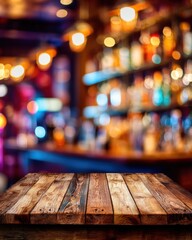 Rustic wooden table surface against blurred bar interior with colorful bottles and lights bokeh background