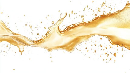 Dynamic splash of amber liquid, flowing elegantly against a stark white background, showcasing texture and movement