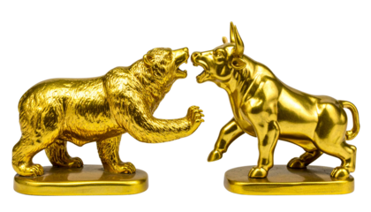 Golden statues of a bear and a bull facing each other, symbolizing market trends.
