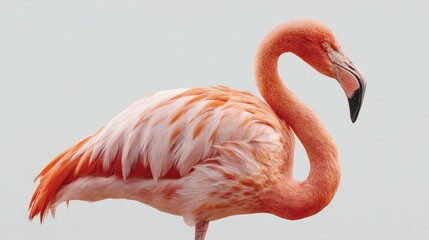 Obraz premium A Flamingo with pink plumage and curved neck, standing gracefully, centered on a clean white backdrop, detailed feather texture, neutral lighting, high-resolution image