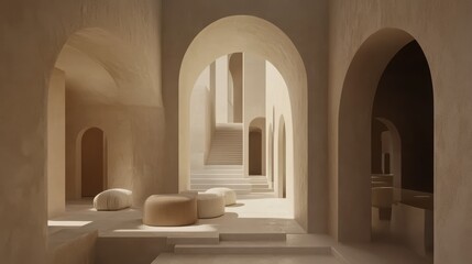 Fototapeta premium Beige interior spaces with arched doorways and light.