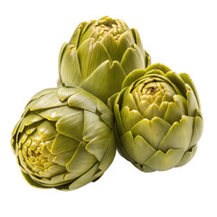 Obraz premium Three artichokes are grouped tightly, displaying their textured green bracts, isolated on transparent background