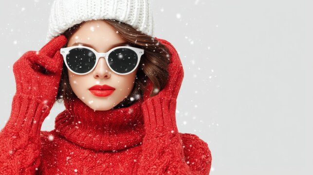 Attractive woman wearing a red sweater, white hat, and sunglasses against a neutral background.