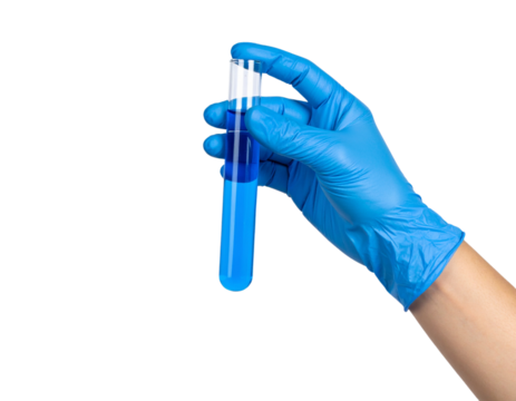 A gloved hand holds a test tube filled with blue liquid.