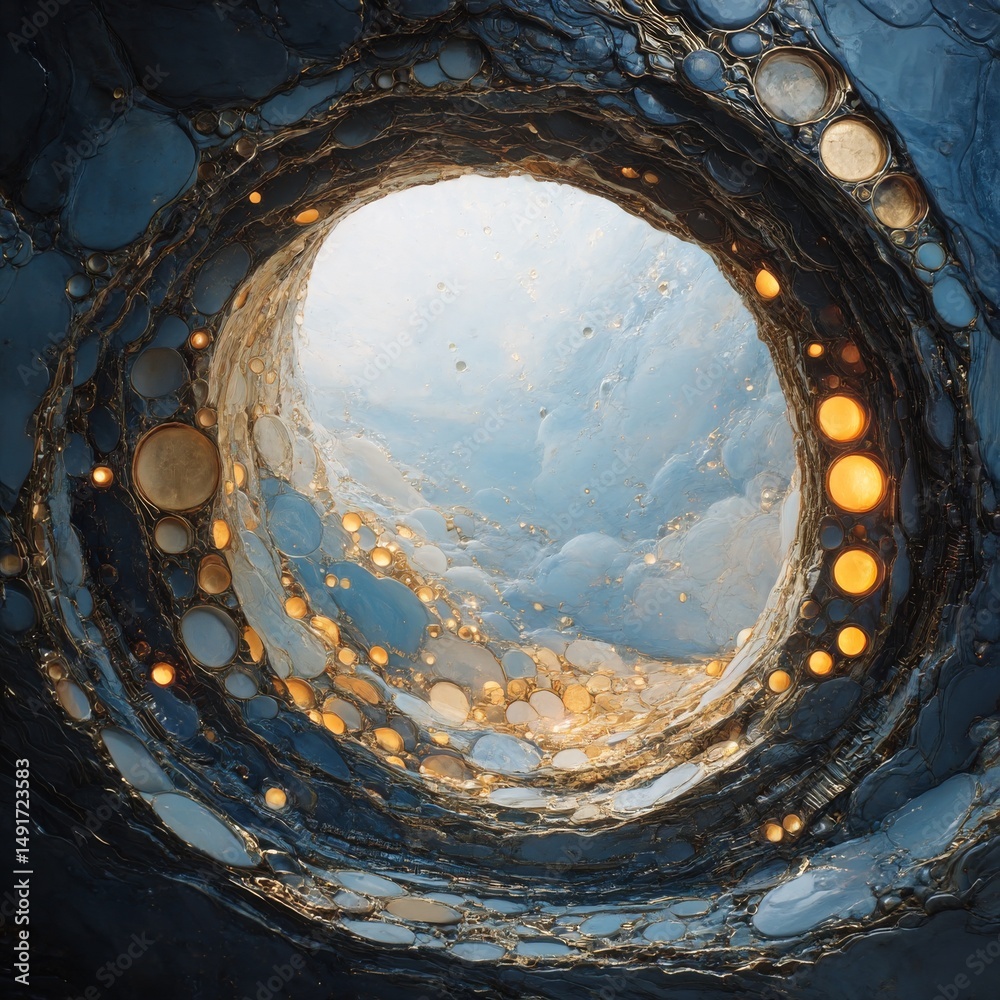 Poster abstract celestial tunnel: a portal to a brighter dimension filled with glowing orbs and ethereal be