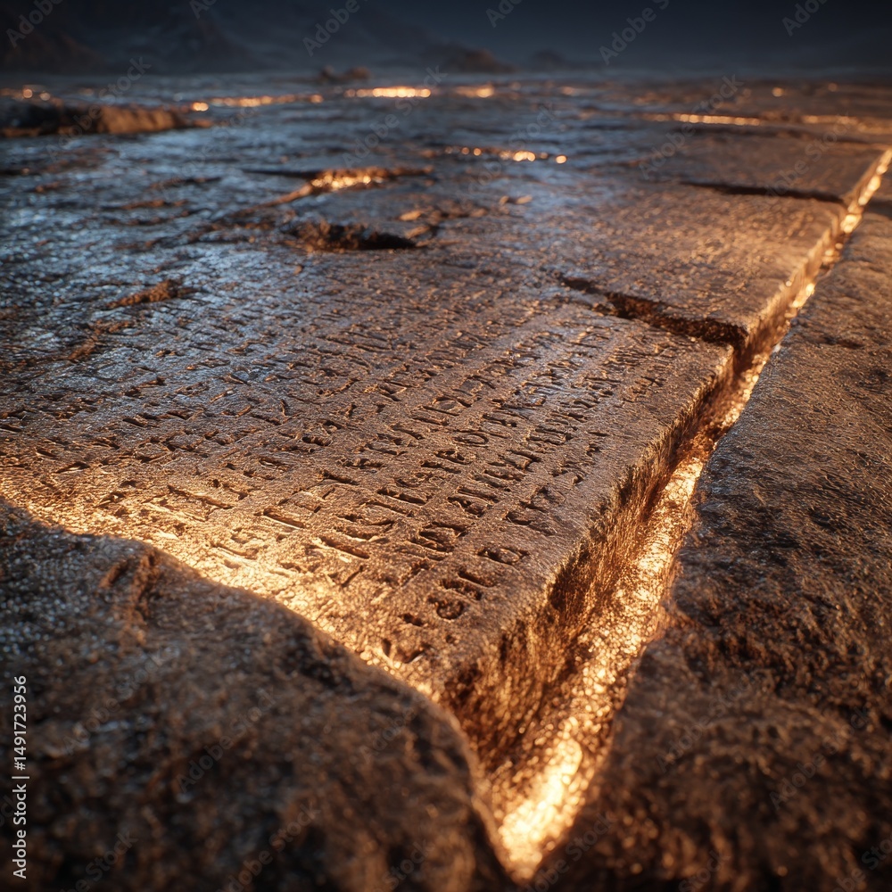 Poster ancient inscriptions on stone illuminated by light: a journey through lost worlds and forgotten lang