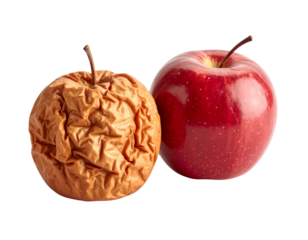 A fresh red apple and a wrinkled, dried apple are placed side by side, highlighting the difference in freshness and decay.