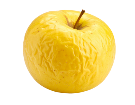 A wrinkled yellow apple with a short brown stem.