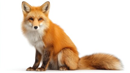 A full-body red fox sitting upright in the center of the frame, isolated on a pure white background, studio lighting, high-resolution, realistic photography