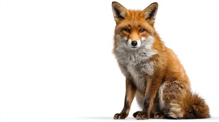 Fototapeta premium A full-body red fox sitting upright in the center of the frame, isolated on a pure white background, studio lighting, high-resolution, realistic photography