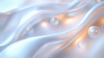 smooth translucent flowing fabric with glowing spherical particles floating above in soft warm and cool light