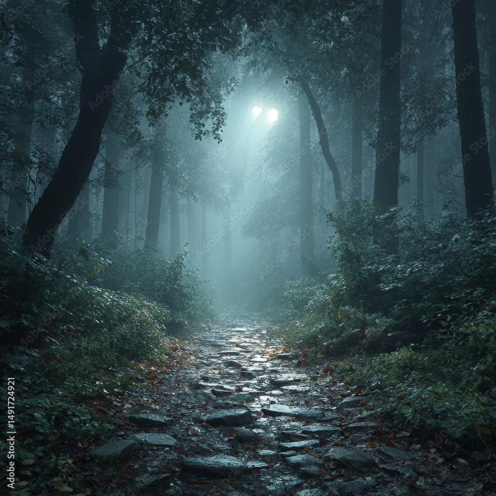 Poster ethereal path: journey through a mystical forest under the soft glow of twilight's embrace, shrouded