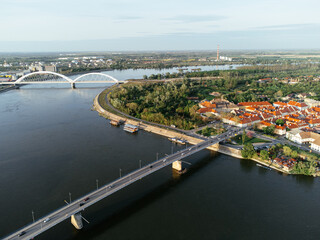 Fototapeta premium Drone areal shot of Petrovaradin fortress located on the Danube River bank across from Novi Sad. Serbia.