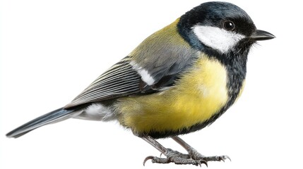 Obraz premium A Great Tit with black head and yellow underparts, perched centrally on a white background, detailed beak and feathers, studio-lit, photorealistic image
