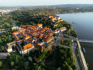 Drone areal shot of Petrovaradin fortress located on the Danube River bank across from Novi Sad. Serbia.
