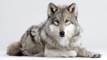 A gray wolf with thick fur, sitting calmly in the center, white background, sharp focus, natural pose, studio-lit, photorealistic