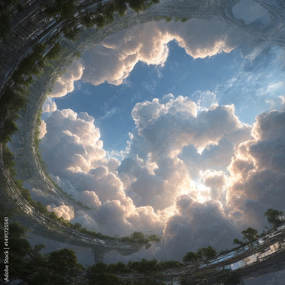 Poster looking up through a massive, futuristic ring structure filled with trees, into a sky full of dramat