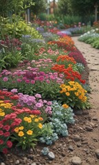Fototapeta premium Newly planted flowers in neatly arranged garden bed, various colors , garden, leaves
