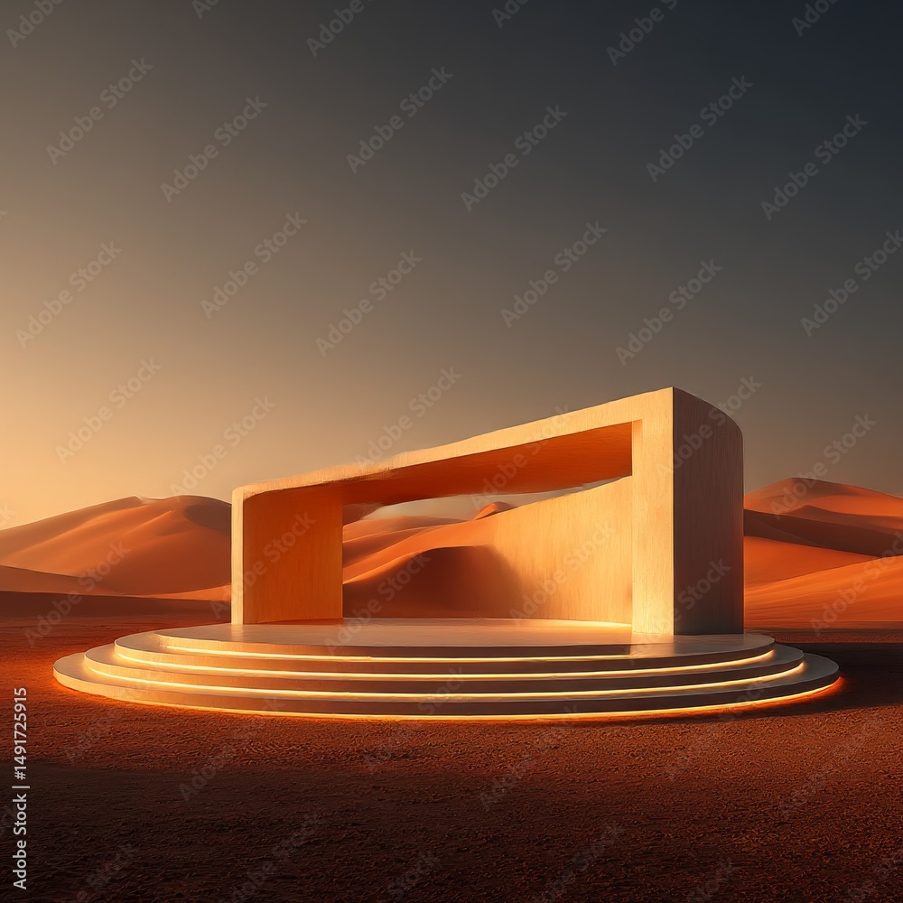 Poster mystical desert stage: illuminated platform under golden skies and minimalist architecture in a tran