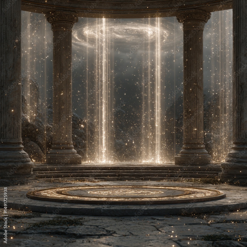 Poster mystical gateway: ancient columns framing a portal to the cosmos, bathed in divine light and cosmic 