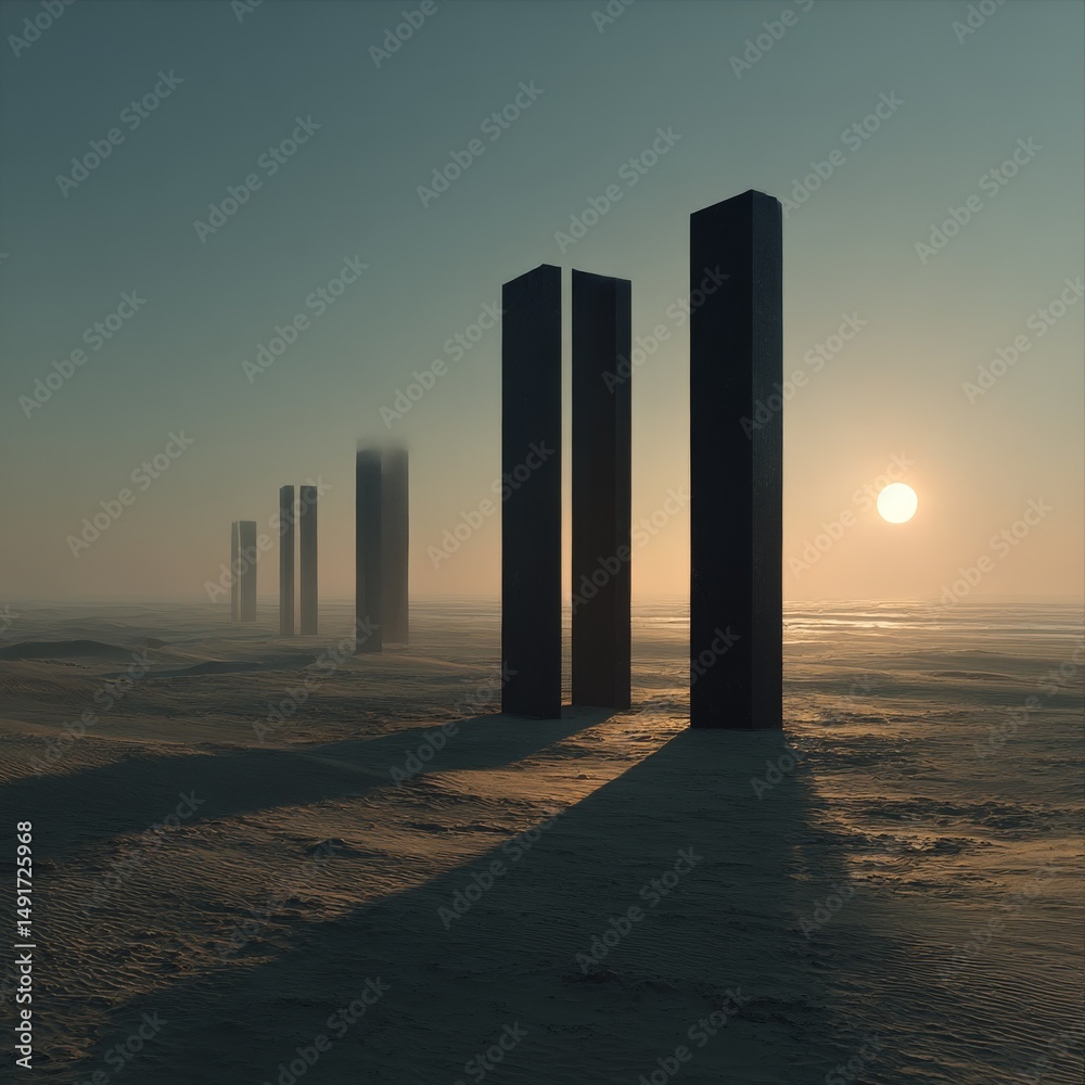 Poster Mystical Monoliths at Dawn: A row of towering structures casts long shadows over a sandy landscape under a hazy sunrise.