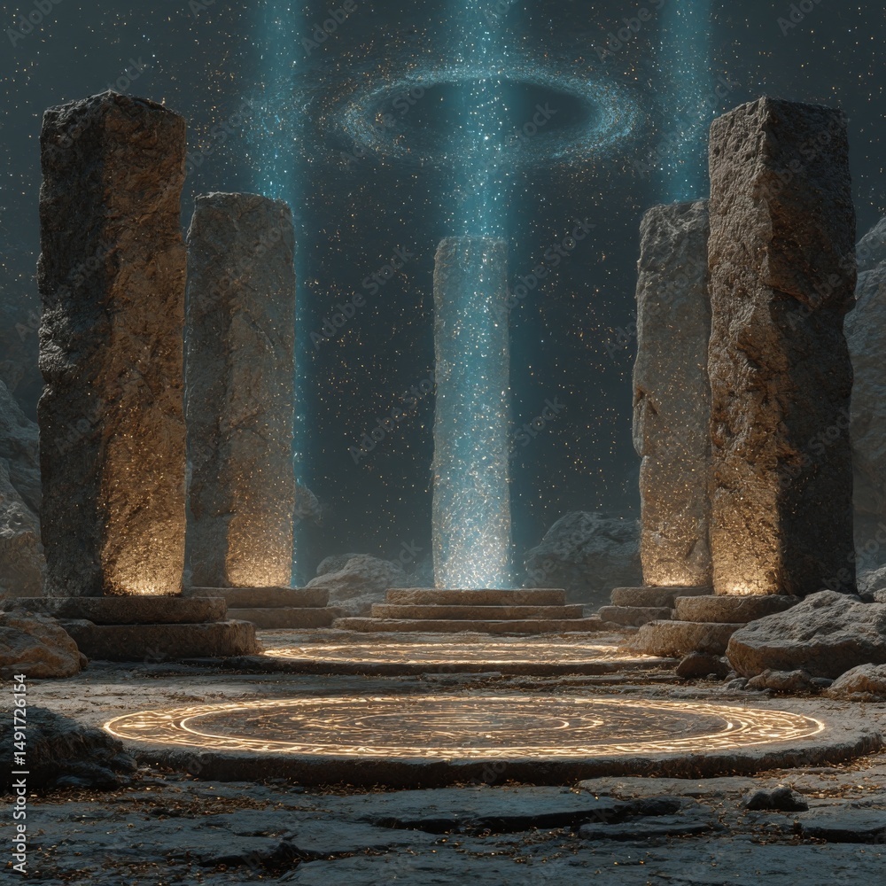 Aufkleber mystic portal: ancient stone pillars activating a magical gateway with spiraling lights in a celesti