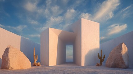 Desert Oasis White Walls with Cacti, and and Dreamy Sky Minimalist.