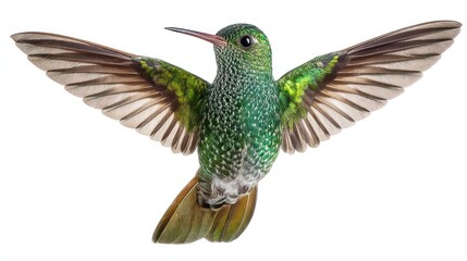 Obraz premium A Hummingbird with iridescent green feathers, hovering centrally on a white background, sharp focus, studio-lit, realistic detail