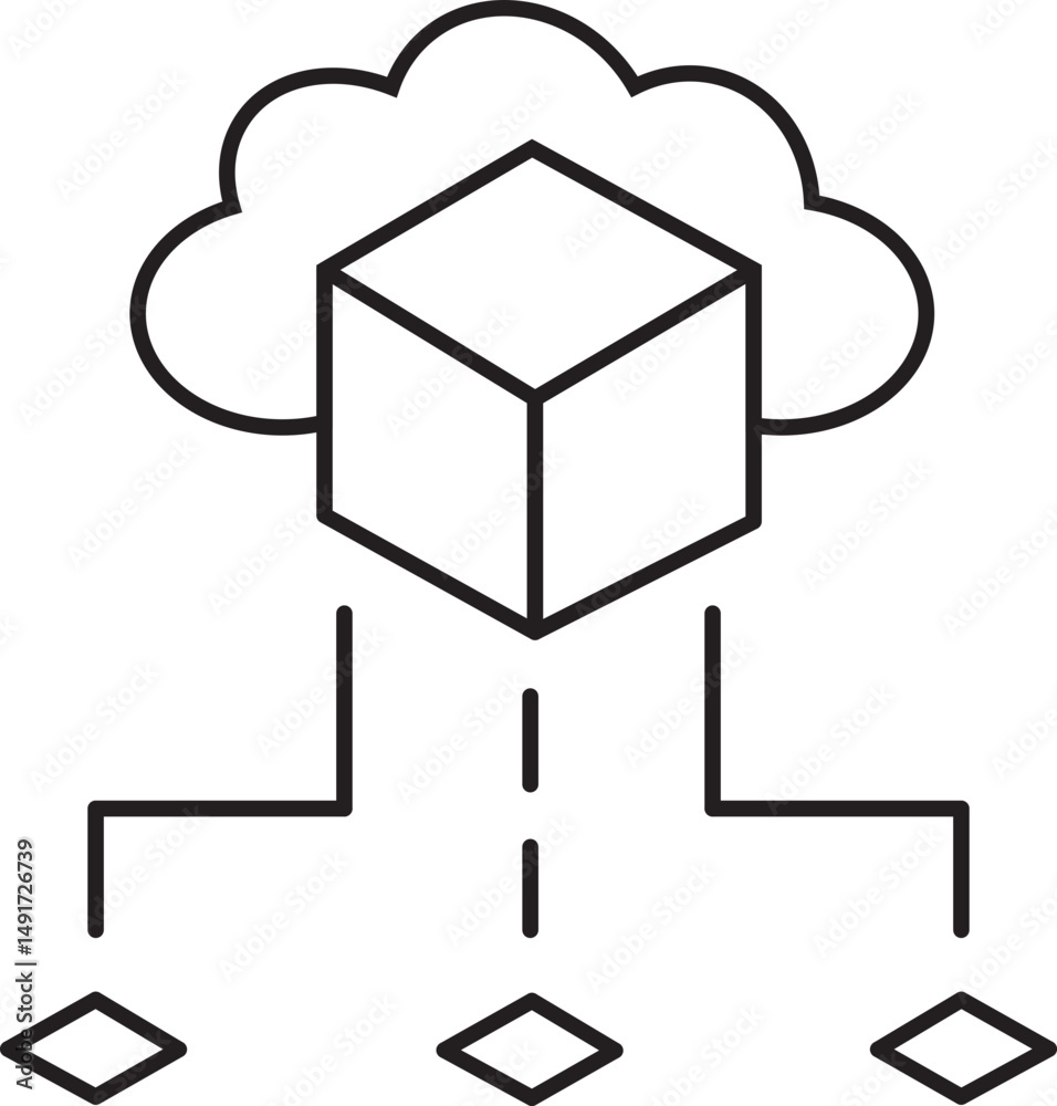 Poster minimalist black and white illustration depicts cloud computing concept with cube symbolizing data s