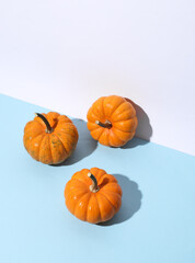 Three miniature pumpkins on blue white background. Autumn still life, Halloween concept