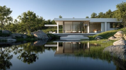 Obraz premium Modern Lakeside Retreat Serene Home Reflection in Tranquil Waters.