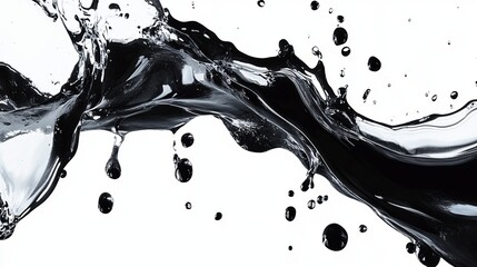 Dynamic dark liquid splash against a white background, showcasing fluid motion and glistening droplets
